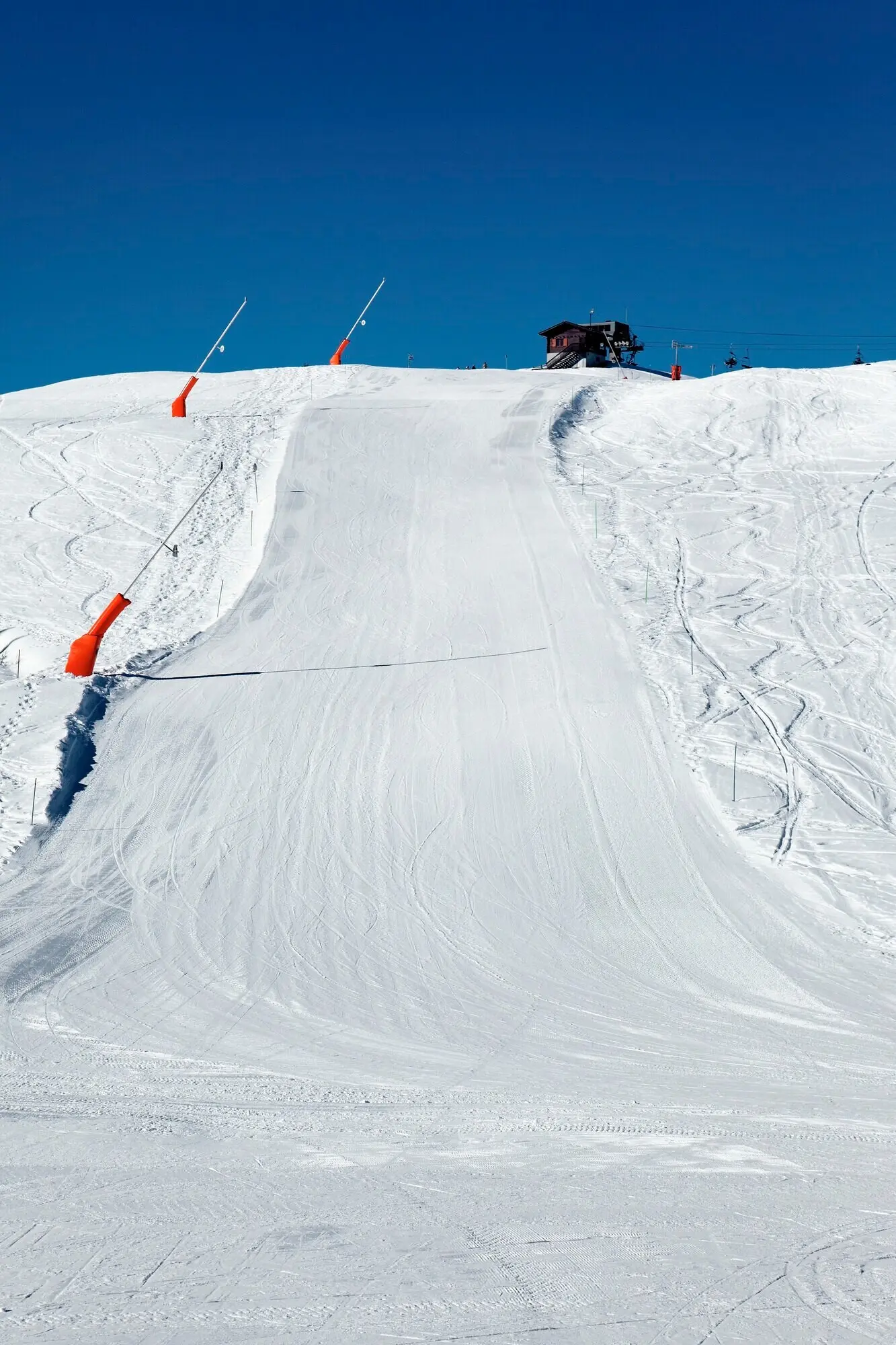 A ski trail on an Alpine mountain in France.